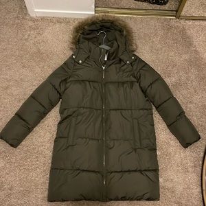 Hooded Jacket Faux Fur Puffer Olive Old Navy M
